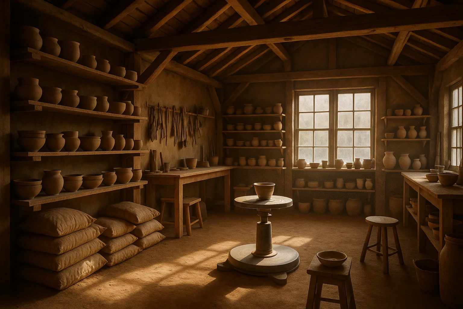 Atelier de céramique d'Aurélie à Saverne, charpente bois, tour de potier et étagères de pièces en séchage