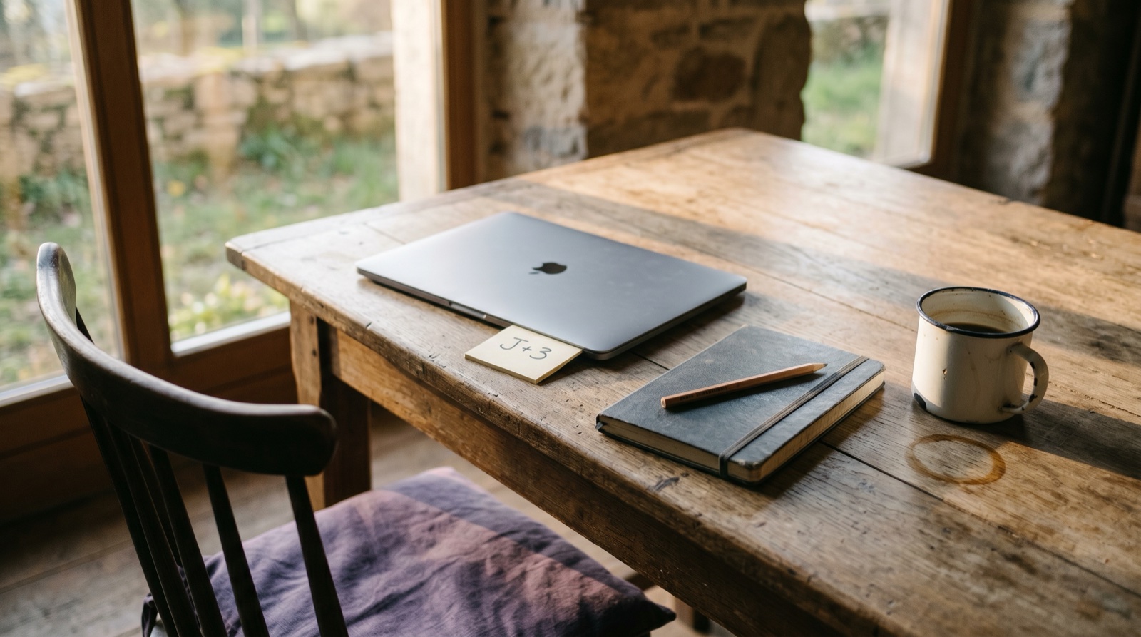 A craftsman's desk in late afternoon: oak farm table, closed Moleskine notebook, coffee mug, closed laptop with a sticky note reading J+3.