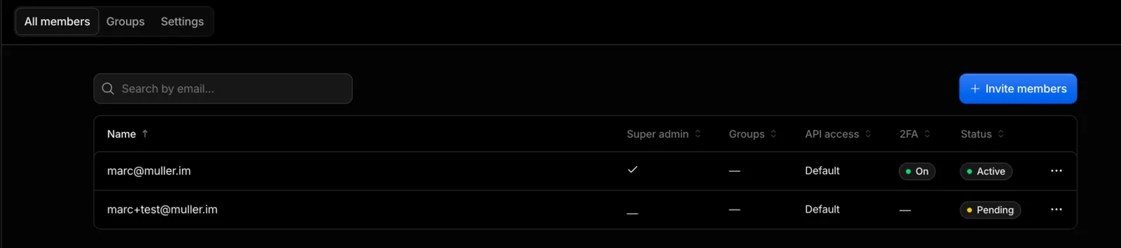 "All members" list after the invite is sent: the invited member appears with the "Pending" status.