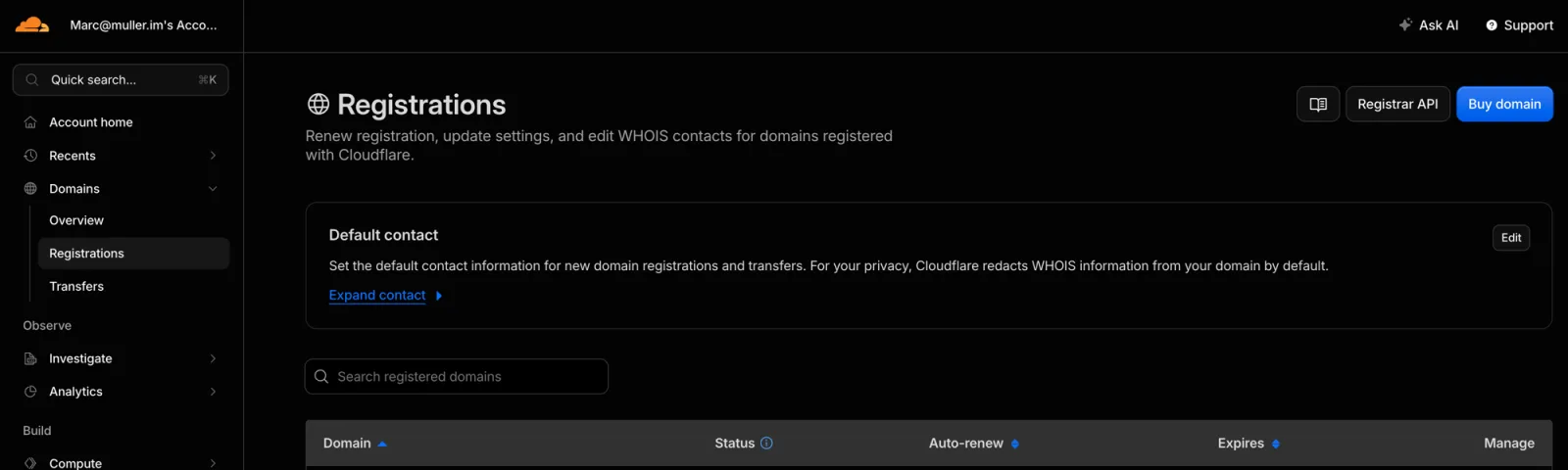 Cloudflare dashboard, "Registrations" page: "Domains" expanded in the sidebar with "Registrations" selected, and the blue "Buy domain" button at the top right.