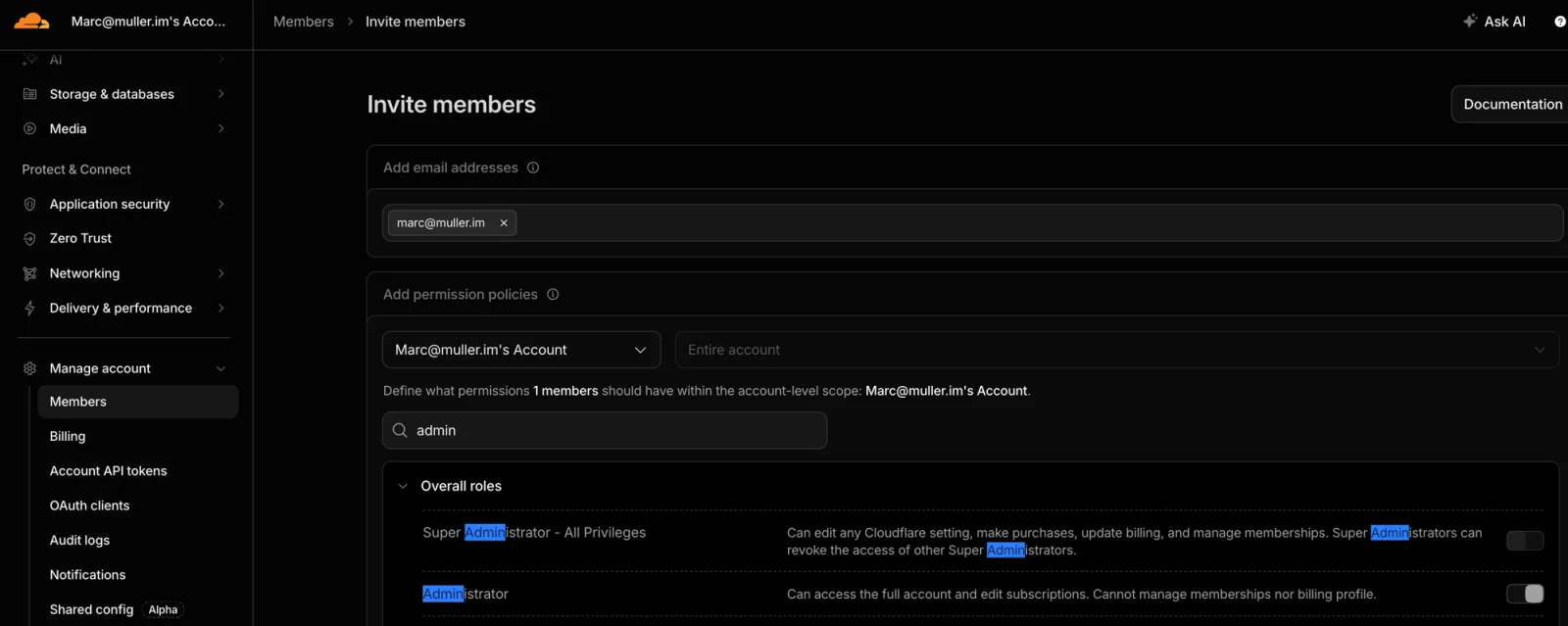 The "Add permission policies" section: "admin" typed in the role search, "Overall roles" group open showing "Super Administrator - All Privileges" (off) and "Administrator" (on).