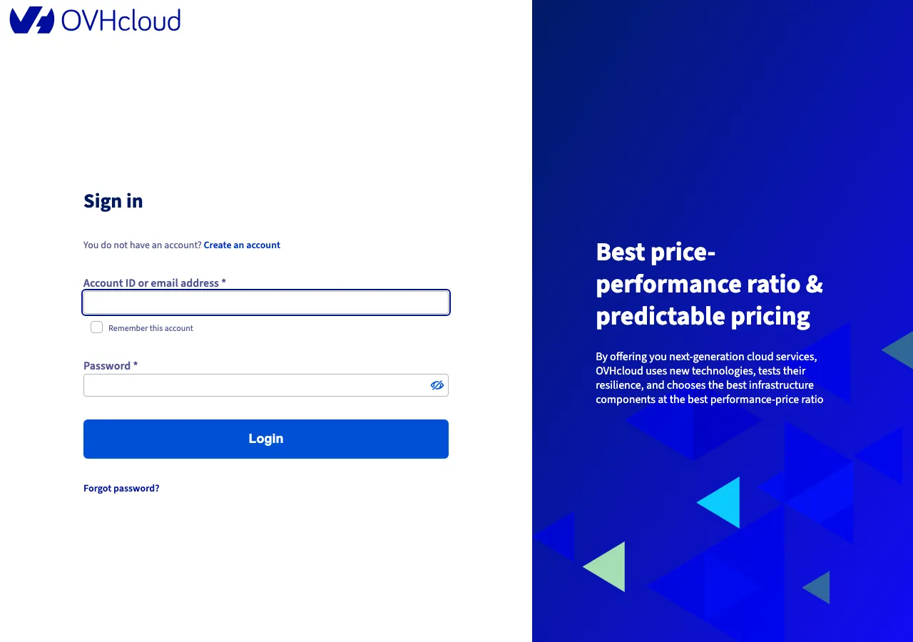 Page de connexion OVH — formulaire pour se connecter ou créer un compte