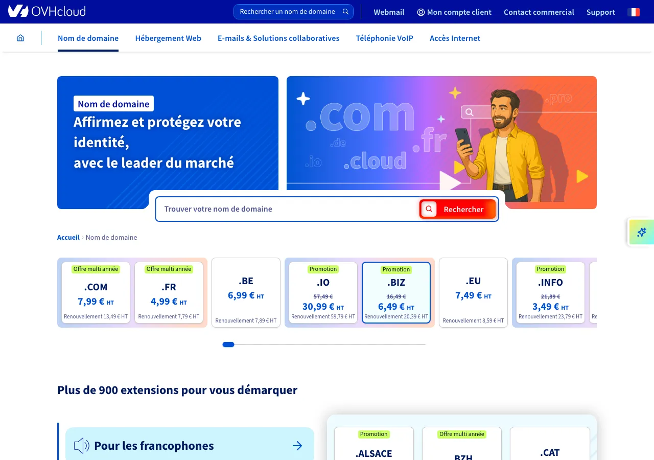 Page de recherche de noms de domaine sur OVH — barre de recherche et extensions disponibles