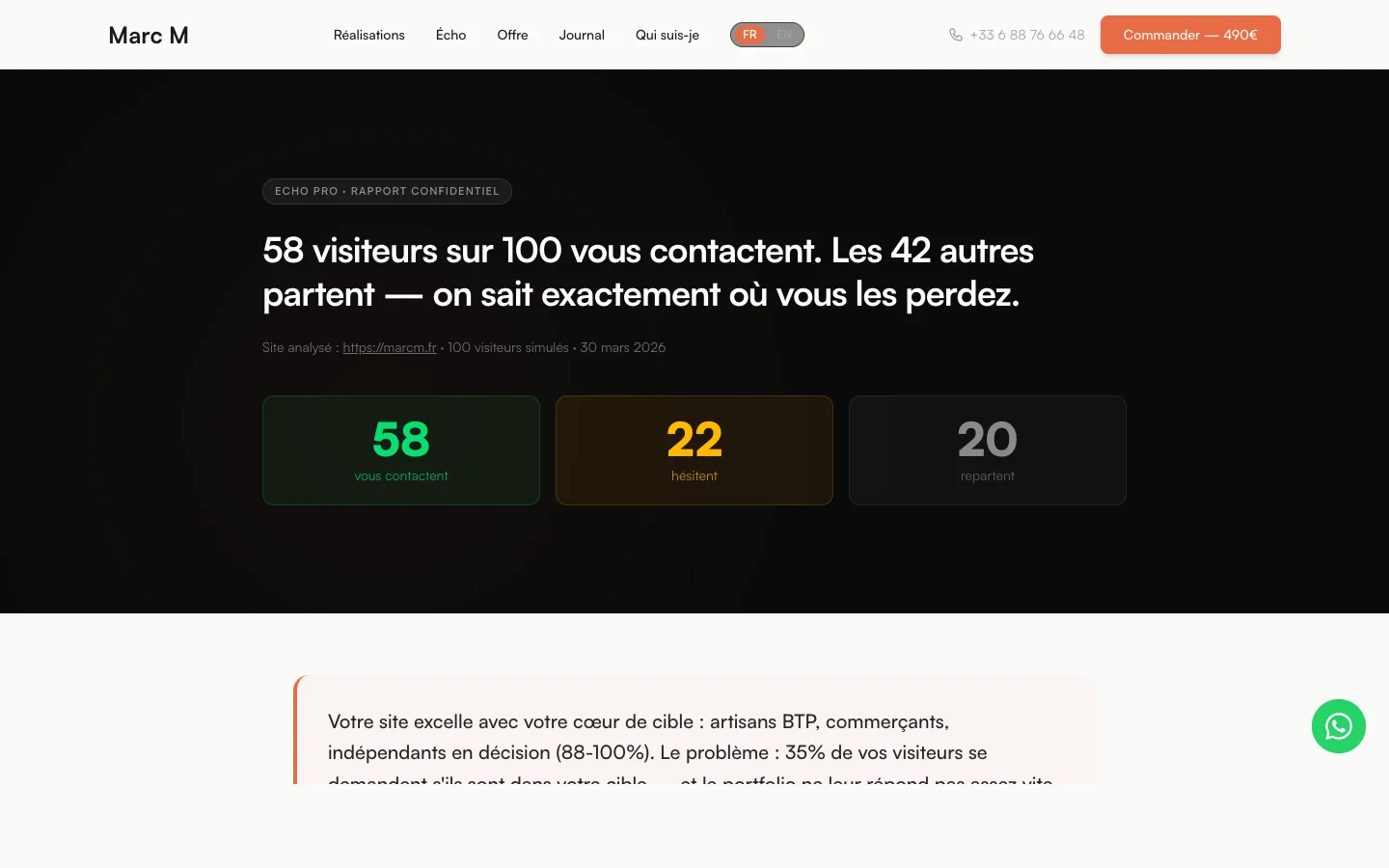 Echo Pro report for marcm.fr — results from 100 simulated visitors